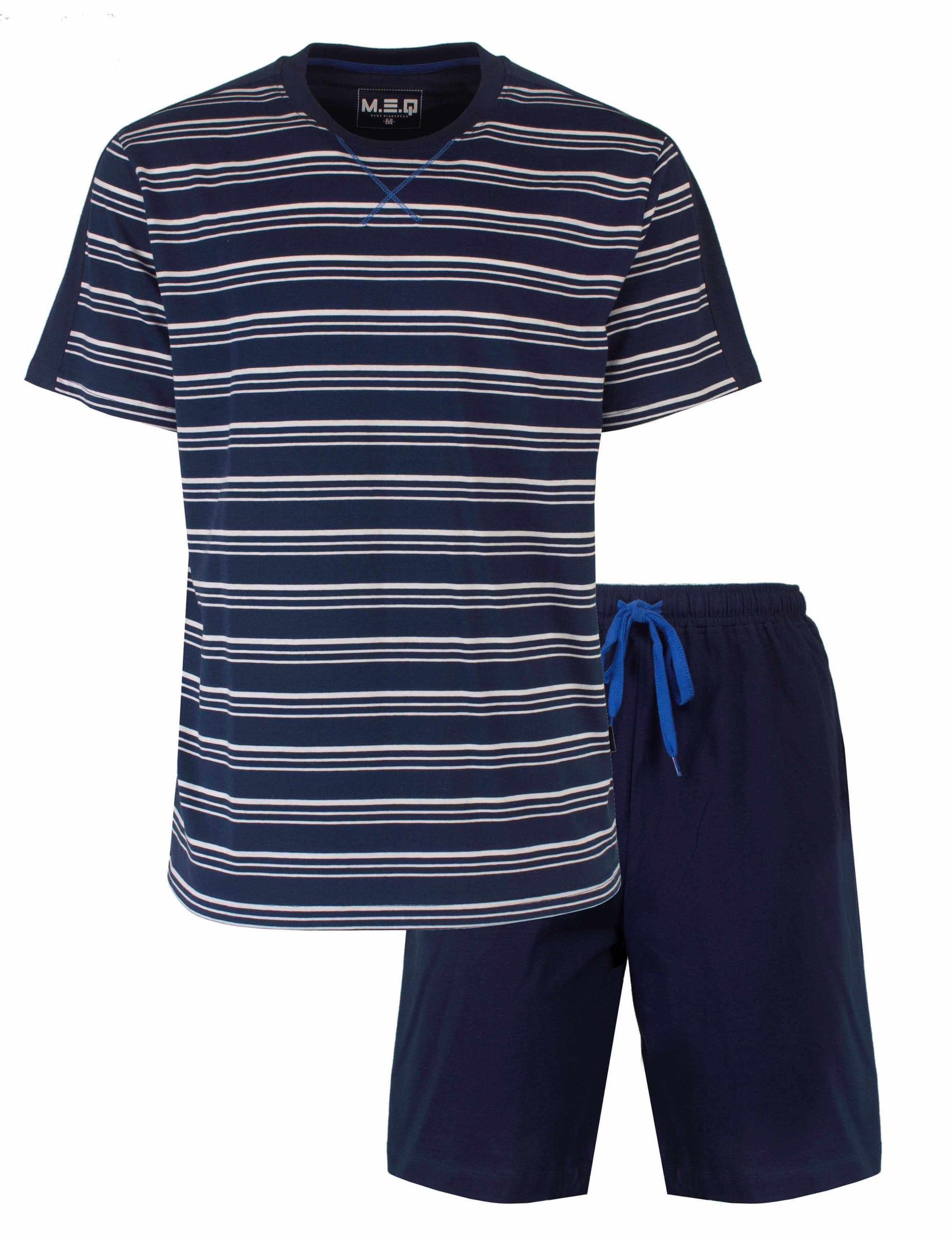 Donkerblauwe heren shortama set met gestreept T-shirt en effen shorts, MEQ merk.