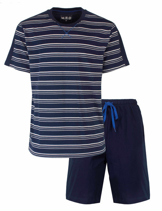 Donkerblauwe heren shortama set met gestreept T-shirt en effen shorts, MEQ merk.