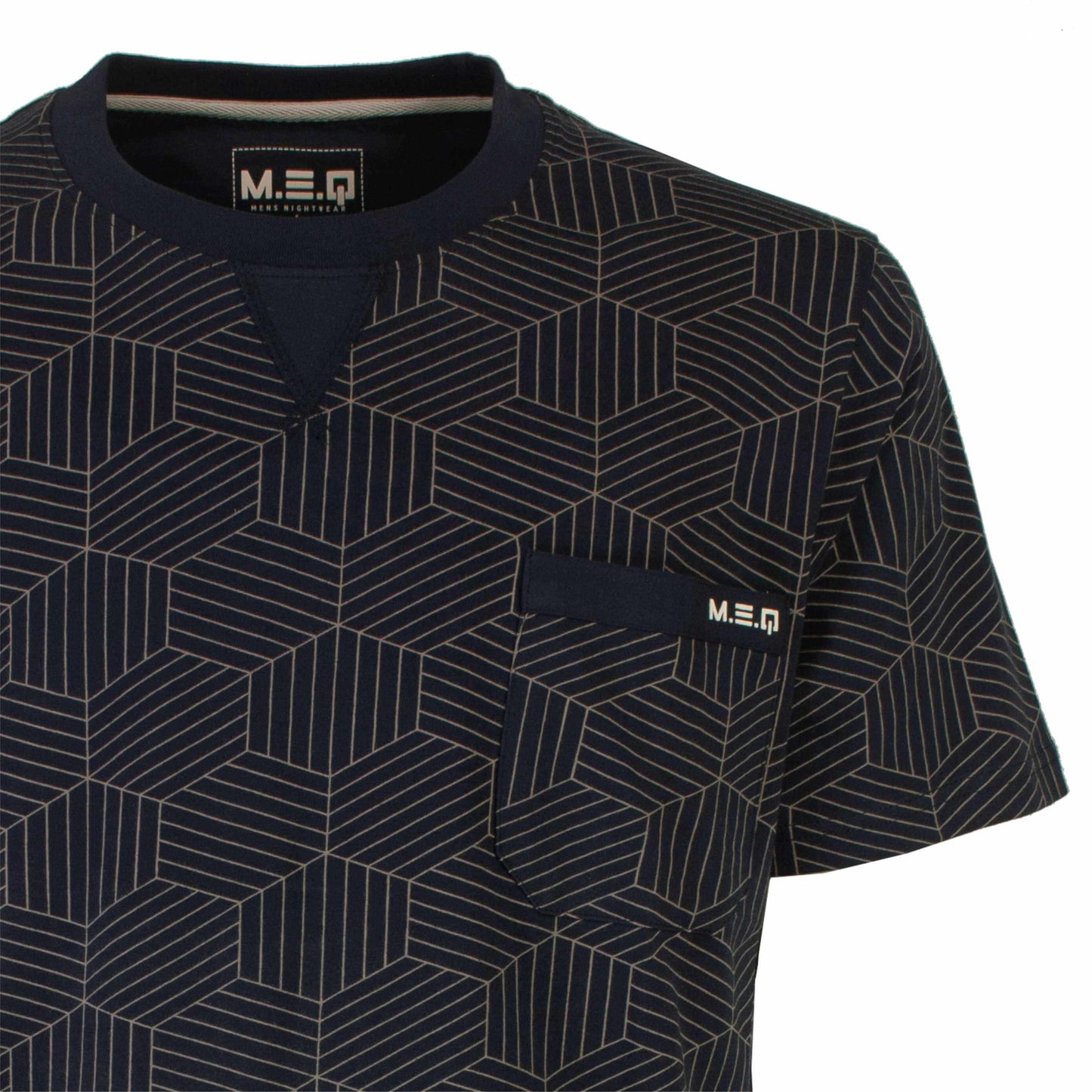 Donkerblauwe T-shirt met geometrisch patroon van zeshoeken, MEQ logo op borstzak, ronde hals