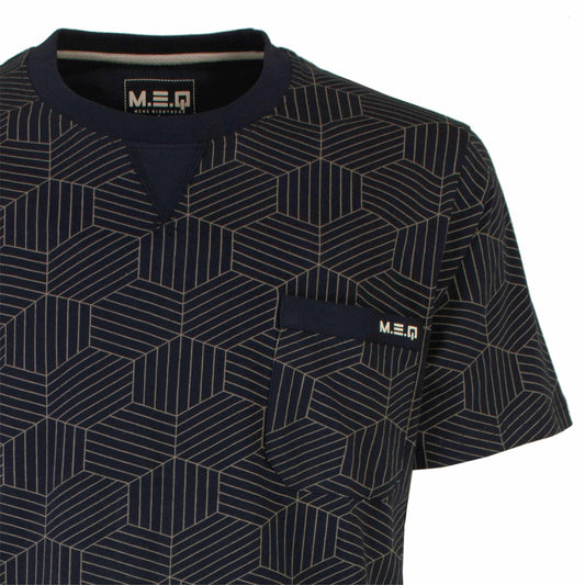Donkerblauwe T-shirt met geometrisch patroon van zeshoeken, MEQ logo op borstzak, ronde hals