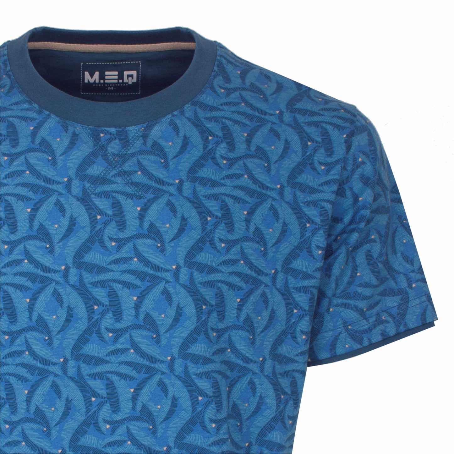 Blauw T-shirt met all-over print van palmbladeren en kleine stippen, ronde hals en korte mouwen
