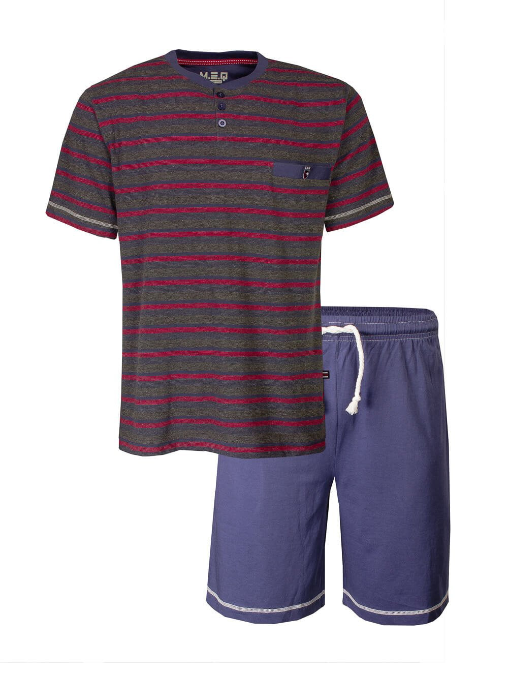 Gestreepte heren shortama set: grijze top met rode strepen en blauwe korte broek met elastische tailleband