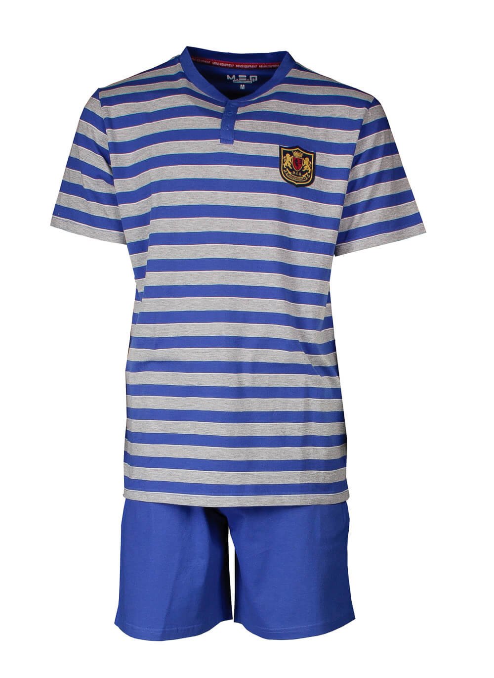 Gestreepte blauwe en grijze heren pyjama set met korte mouwen en korte broek, badge op de borst