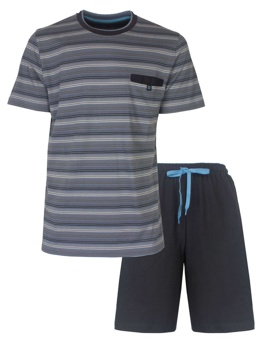 Grijze gestreepte heren shortama set met T-shirt en korte broek, blauwe accenten op de broek