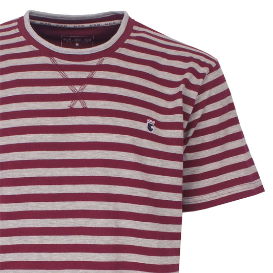 Rood en grijs gestreept T-shirt met korte mouwen, ronde hals en klein logo op de borst