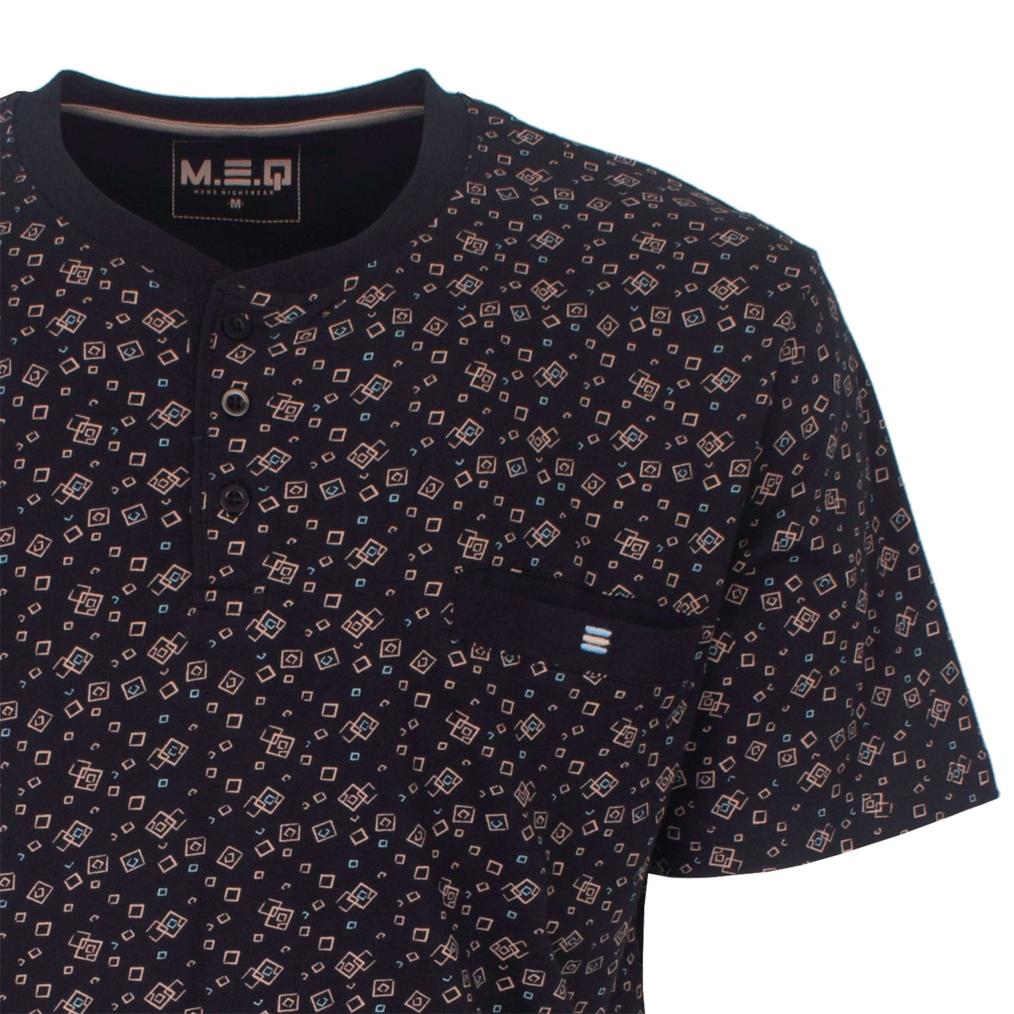 Donkerblauwe heren shortama met polo sluiting en klein geometrisch patroon, merk MEQ zichtbaar op label