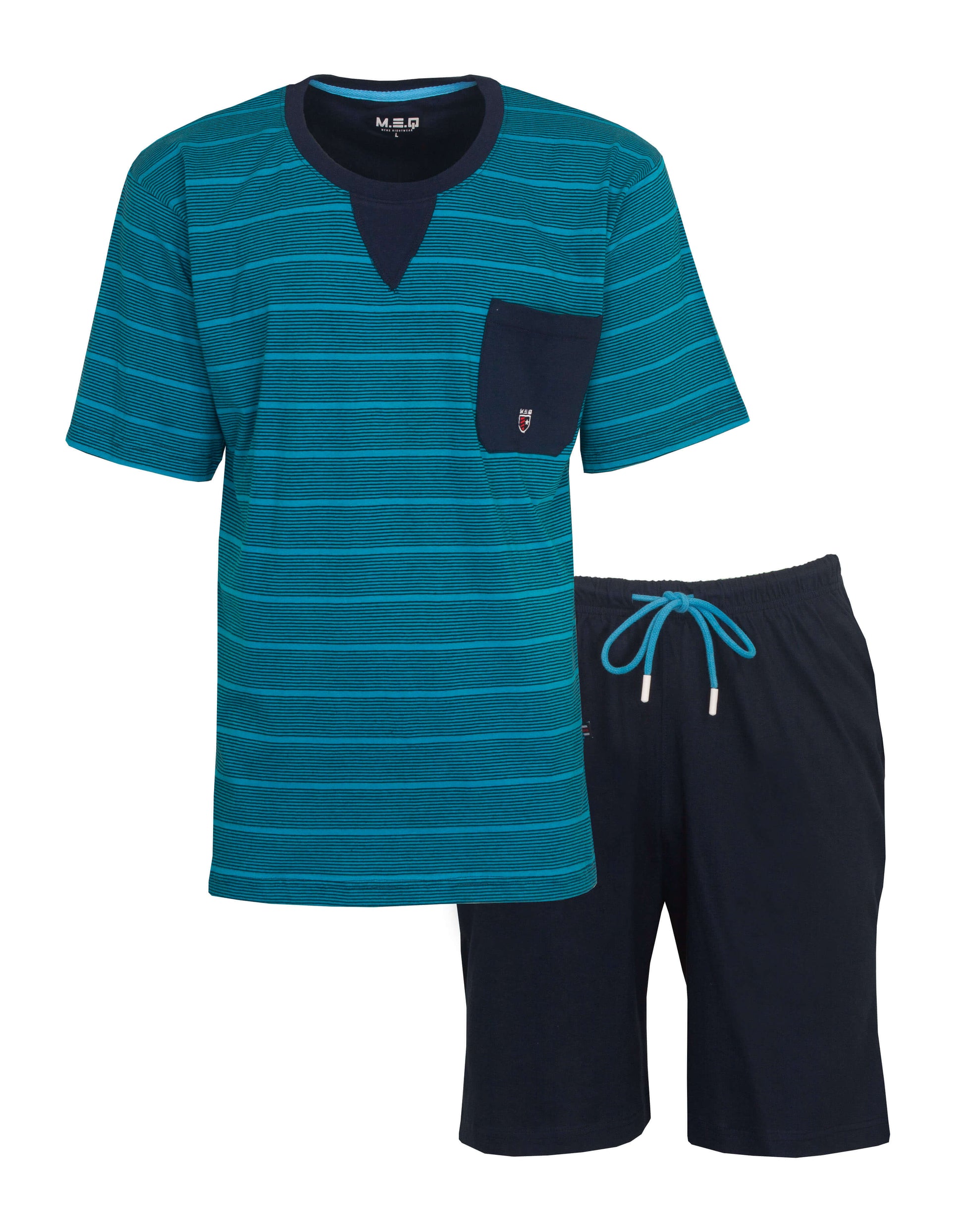 Blauw gestreepte heren shortama met korte mouwen en donkerblauwe korte broek met blauw koord