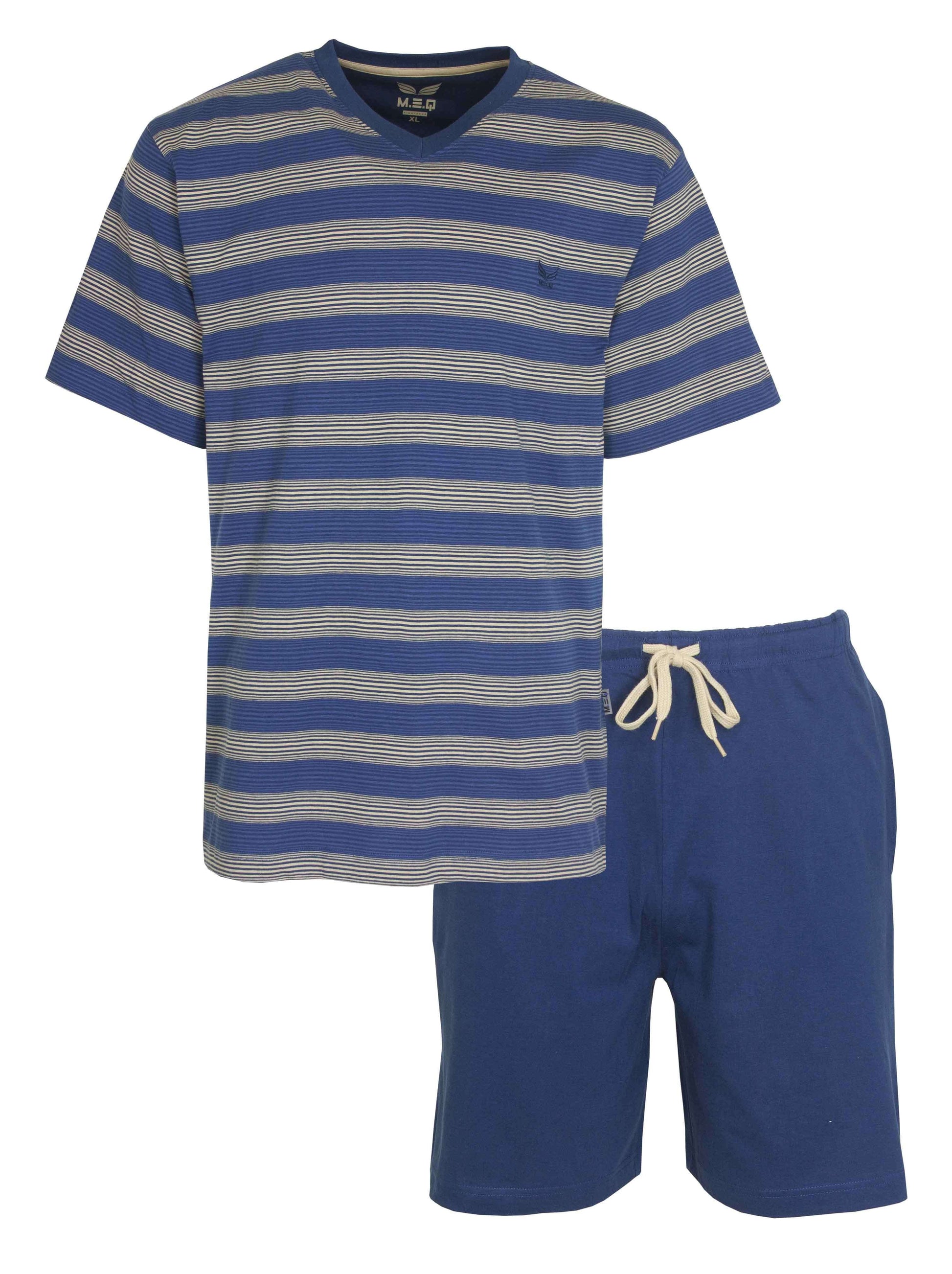 Blauwe gestreepte pyjama set met korte mouwen en broek, gemaakt van 100% katoen. V-hals en aantrekkoord.