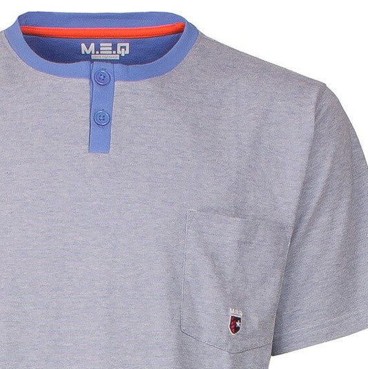 Grijze T-shirt met blauwe kraag en knoopsluiting, korte mouwen, borstzakje met logo, onderdeel van pyjama set