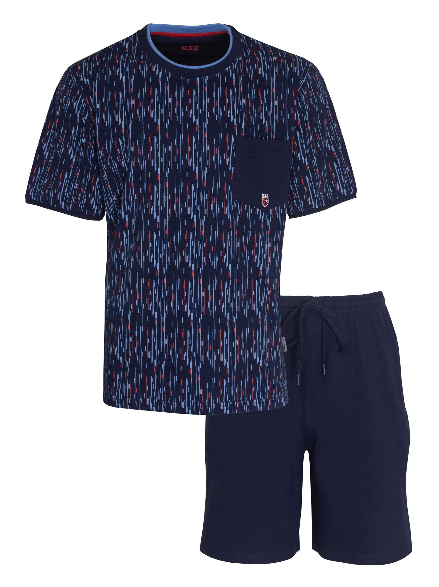Blauwe heren pyjama set met bedrukt t-shirt en effen short, gemaakt van 100% katoen met gestreept patroon.