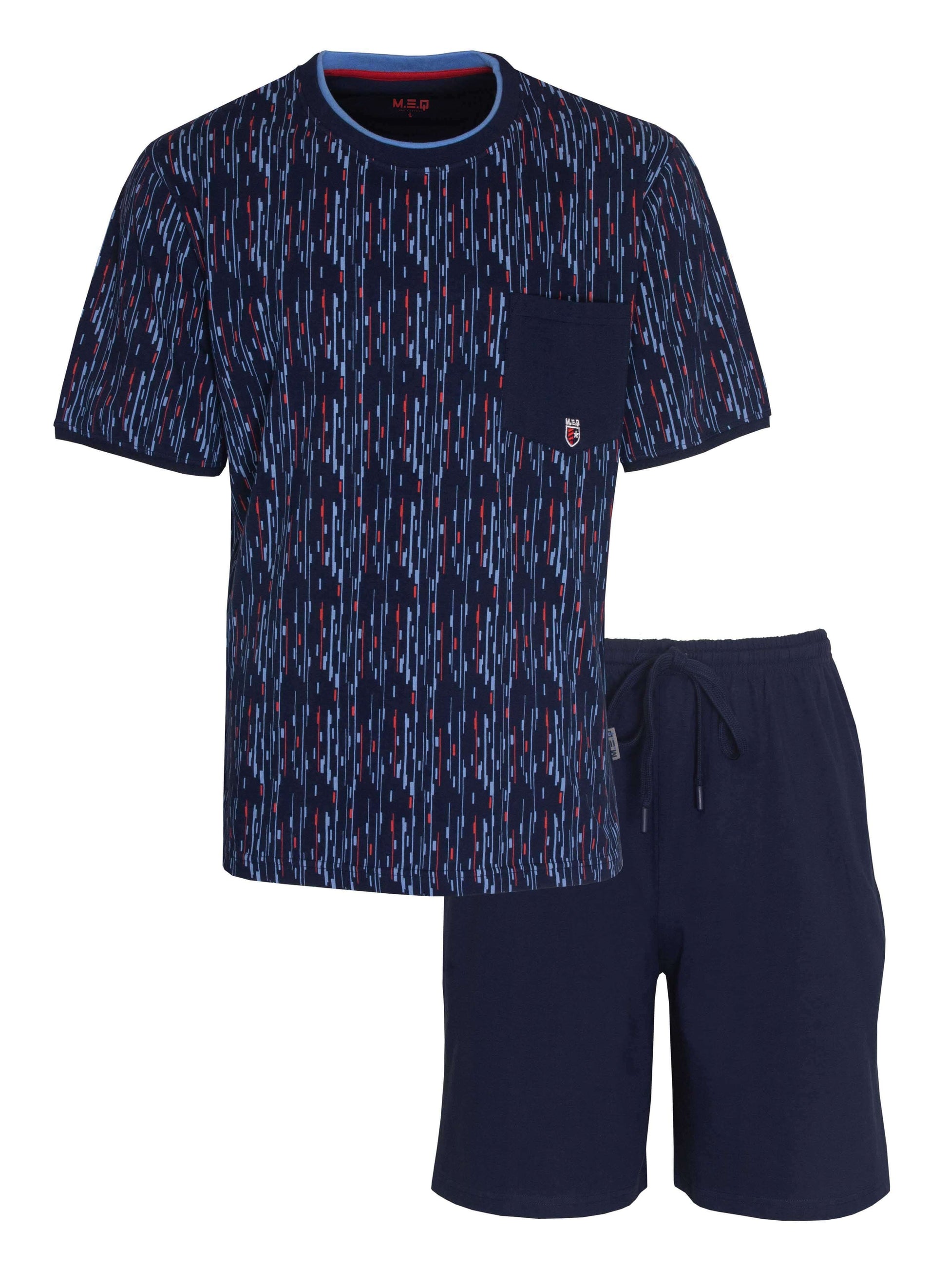 Blauwe heren pyjama set met bedrukt t-shirt en effen short, gemaakt van 100% katoen met gestreept patroon.
