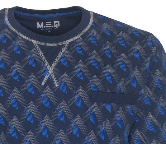 Blauwe heren shortama met geometrisch patroon in lichtblauw en grijs. M.E.Q. logo zichtbaar op de hals.