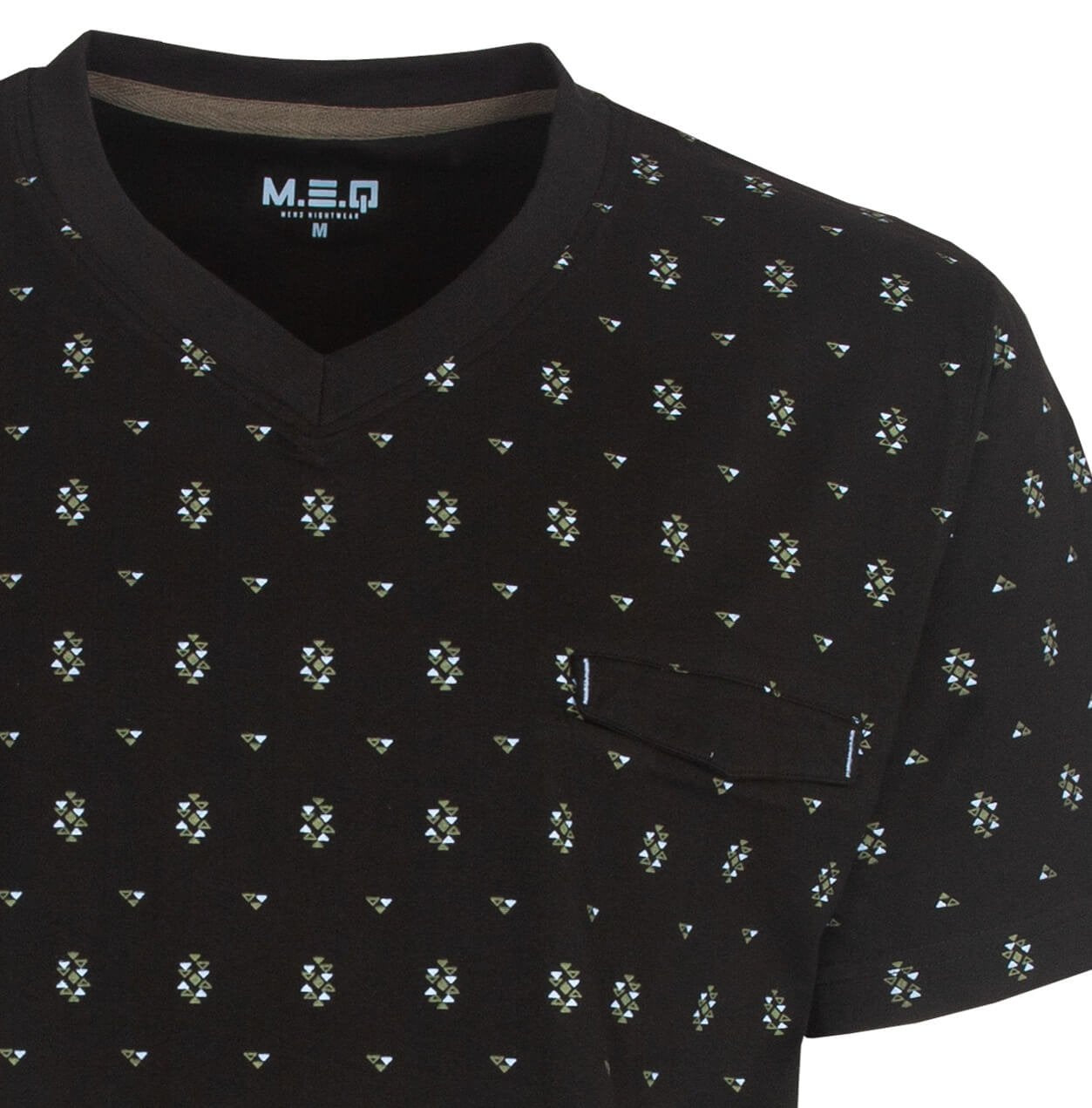 Zwarte heren shortama met V-hals en korte mouwen, bedrukt met kleine geometrische figuren in lichte tinten.