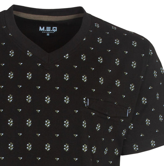 Zwarte heren shortama met V-hals en korte mouwen, bedrukt met kleine geometrische figuren in lichte tinten.