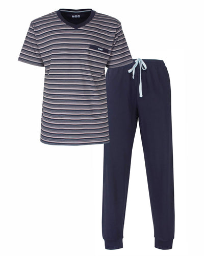 MEQ Heren Pyjama - Gestreept - Ronde Hals - Korte Mouwen - Donker Blauw