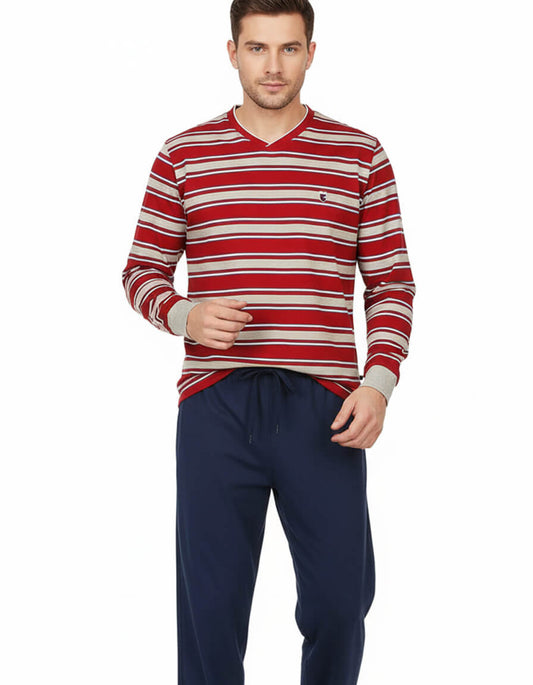 MEQ Heren Pyjama- V- Hals Gestreept-Lange mouwen- Rood. - achteraanzicht