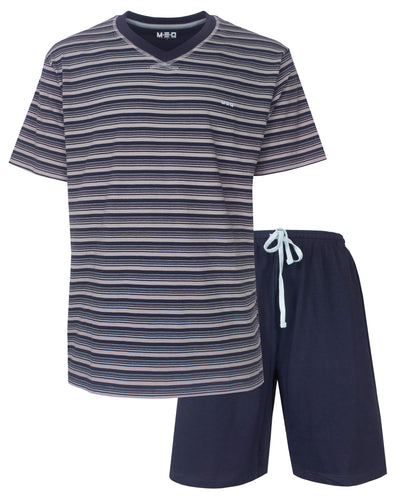 MEQ Heren Shortama - Gestreept - V-hals - Donker Blauw