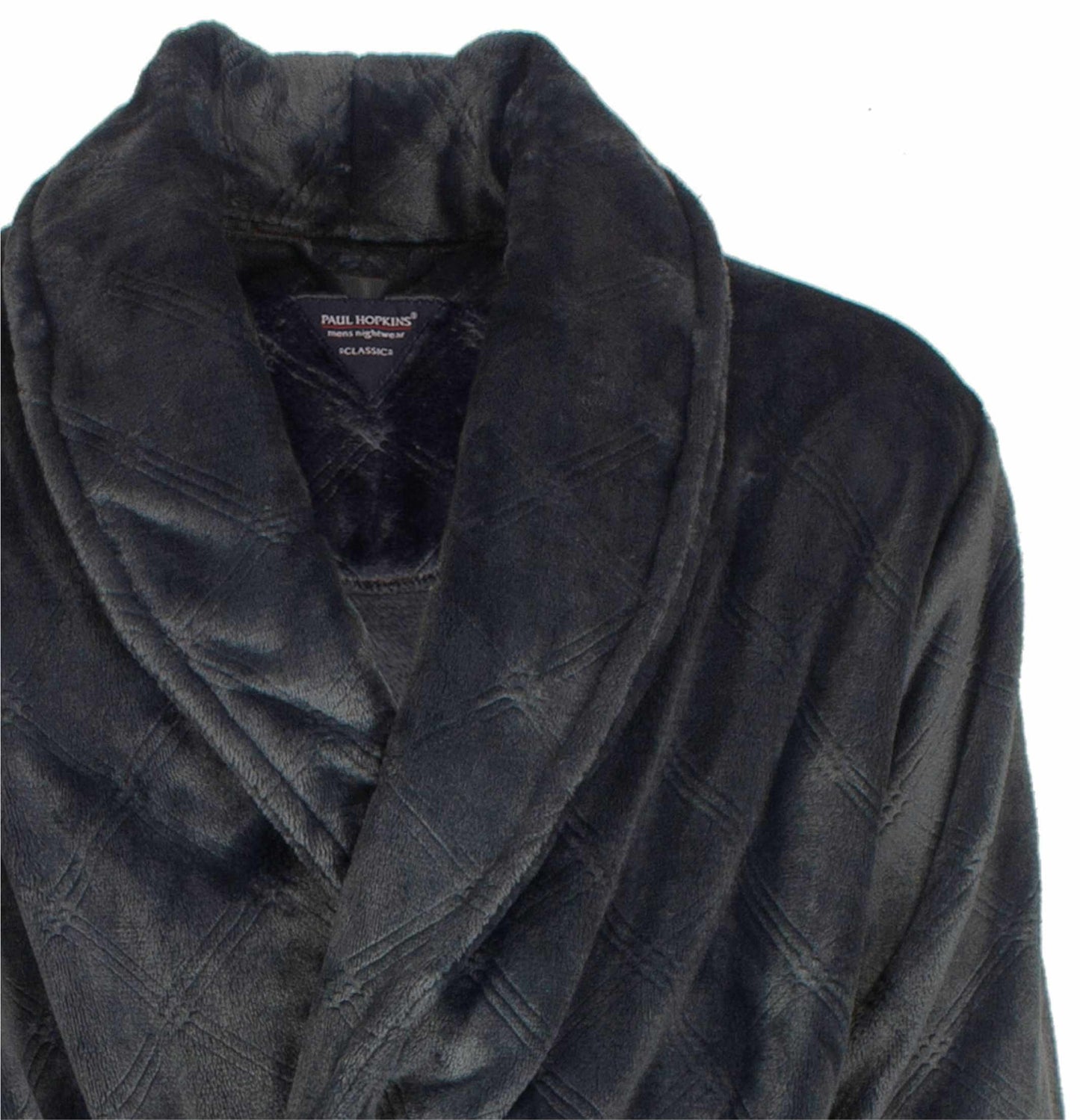 Donkerblauwe fleece badjas van Paul Hopkins met zachte, geplooide kraag en luxueuze uitstraling.