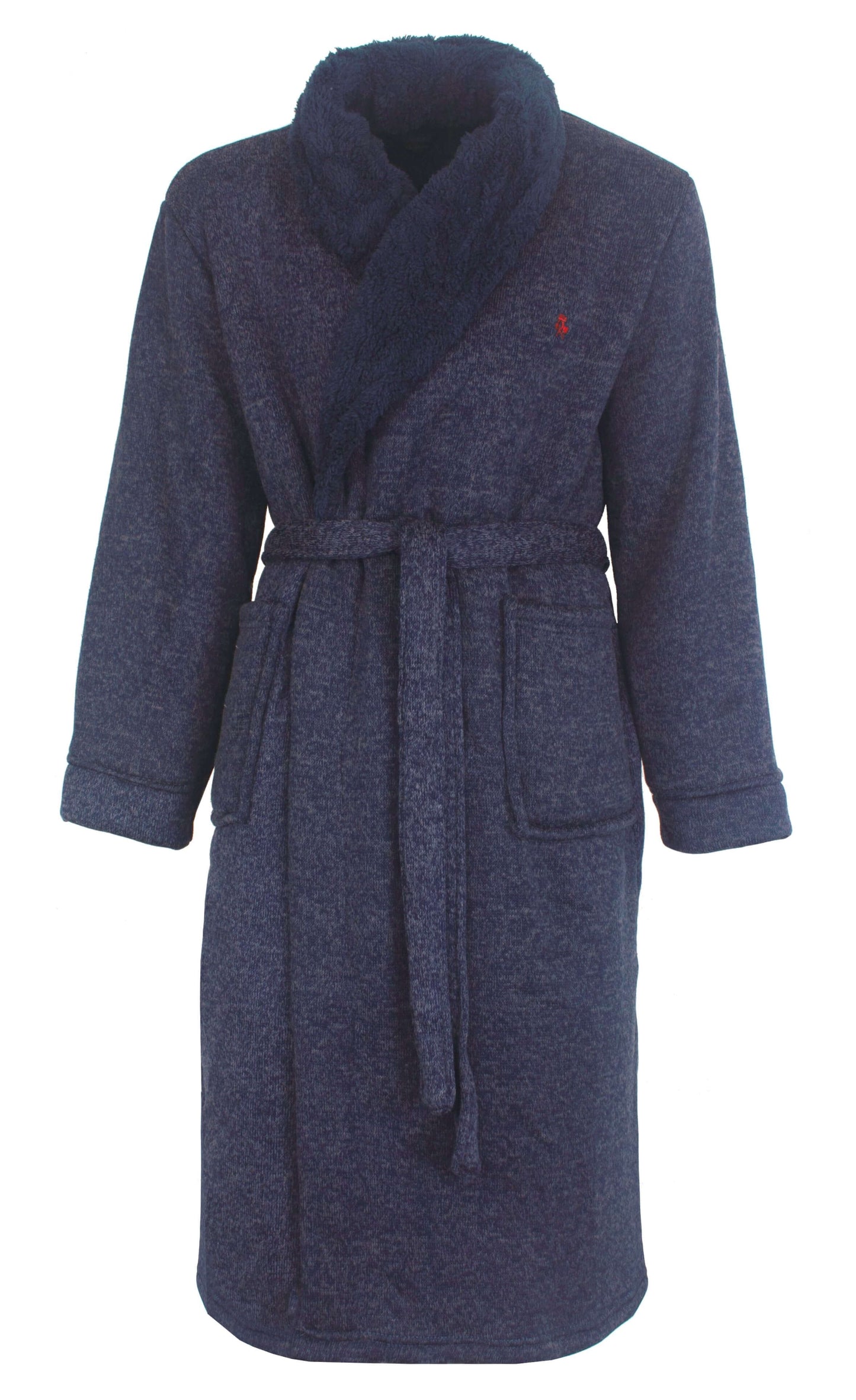 Blauwe fleece badjas met sjaalkraag, ceintuur, lange mouwen en opgestikte zakken. Lengte 120 cm.