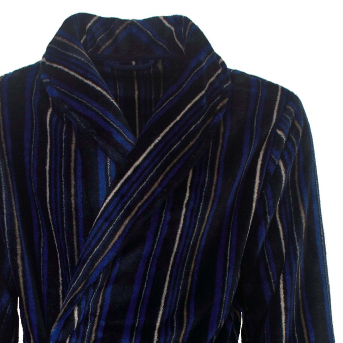 Gestreepte kobaltblauwe fleece badjas met zwarte en witte strepen, shawlkraag en gekruiste voorkant.