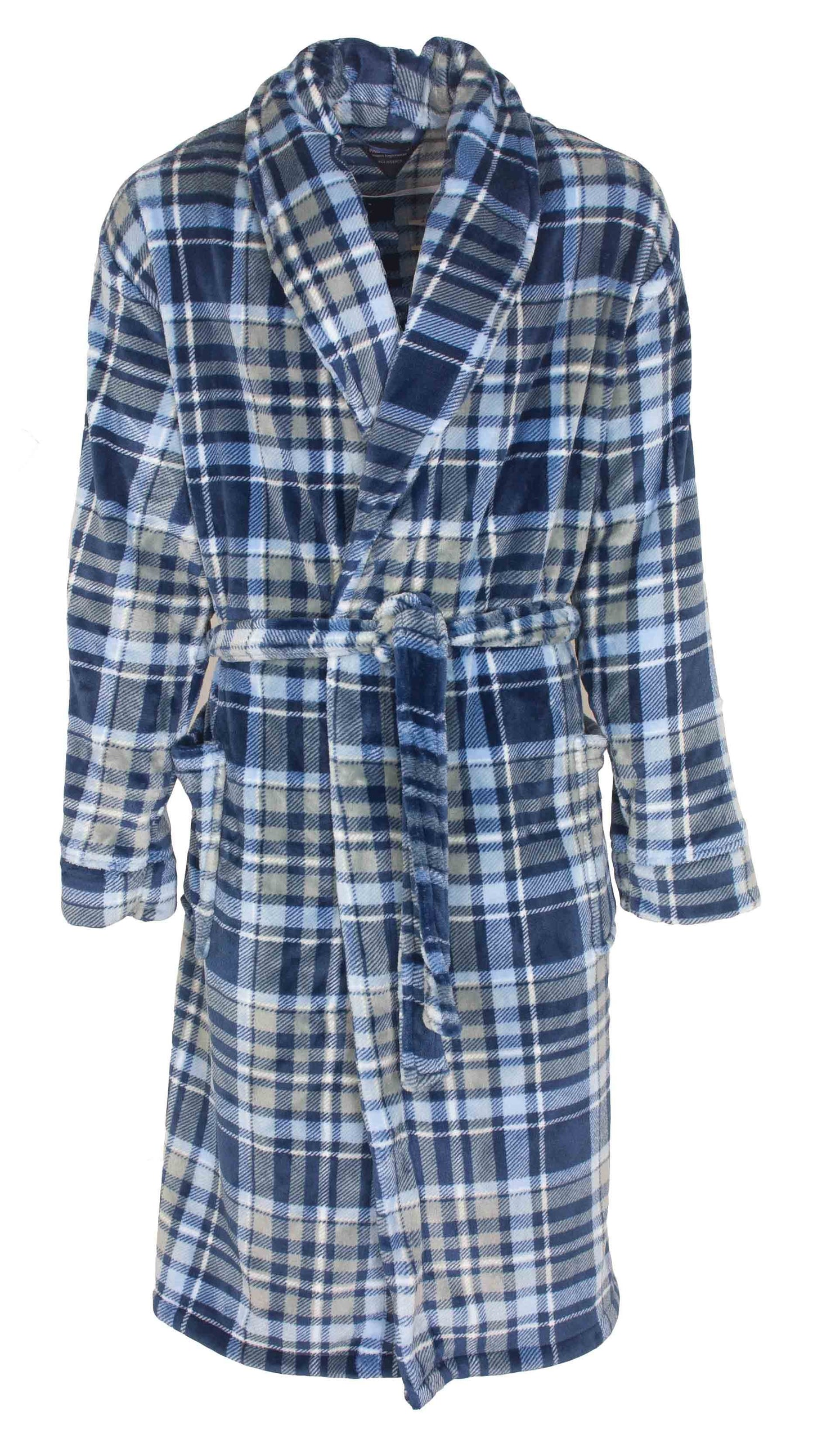 Blauwe geruite fleece kamerjas met lange mouwen, sjaalkraag en ceintuur, perfect voor ontspanning