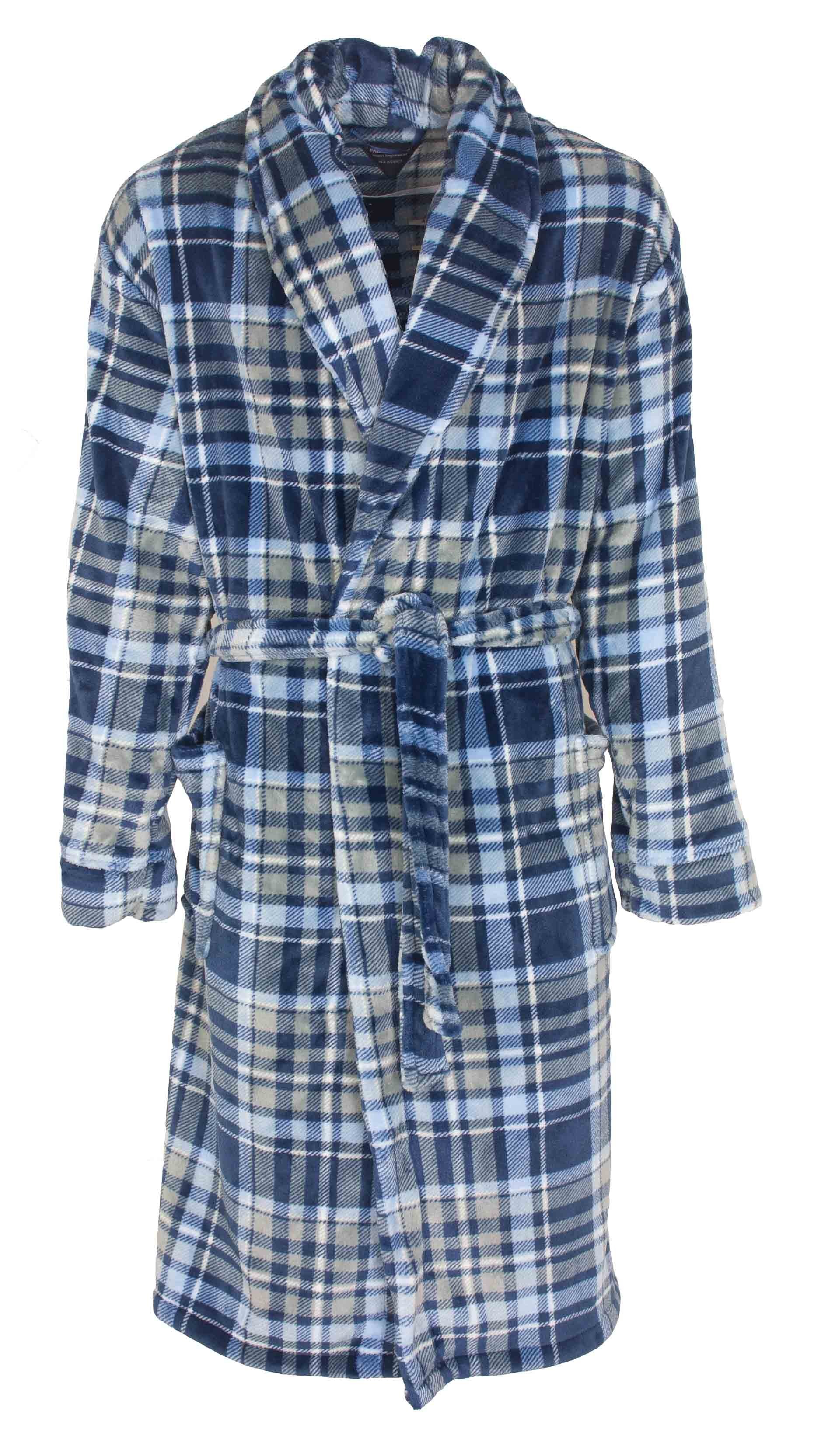 Blauwe geruite fleece kamerjas met lange mouwen, sjaalkraag en ceintuur, perfect voor ontspanning