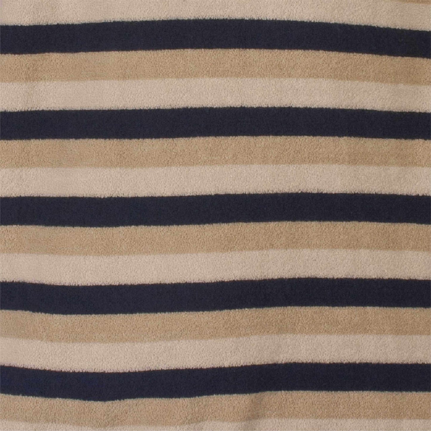 Gestreepte stof in blauw en beige tinten, met afwisselende horizontale strepen van verschillende breedtes.