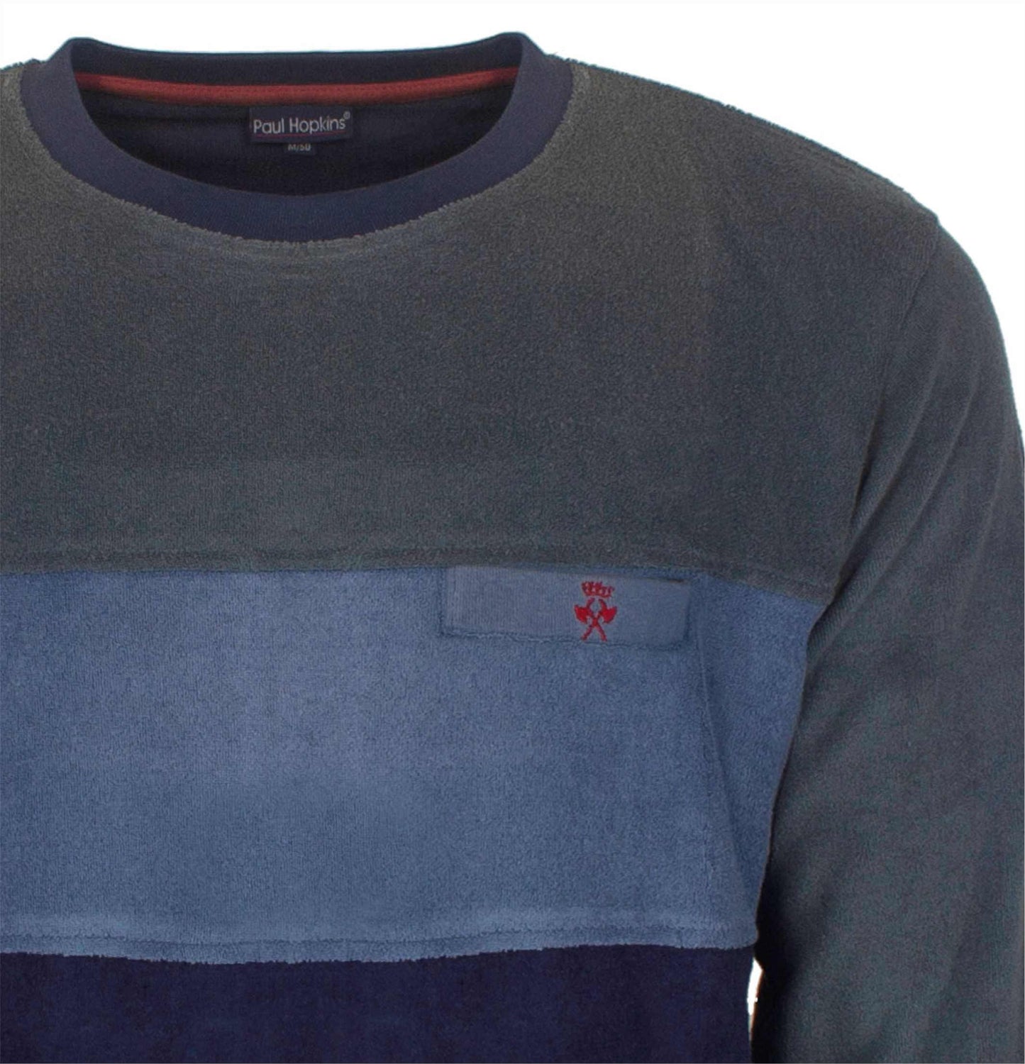 Grijze badstof pyjama met blauwe en donkerblauwe strepen, Paul Hopkins-logo op de borst