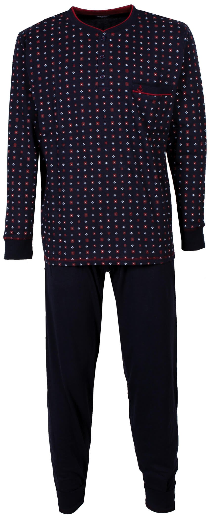 Blauwe heren pyjama met geprint dessin, ronde hals, polo sluiting en lange mouwen met boorden. Bijpassende effen broek.