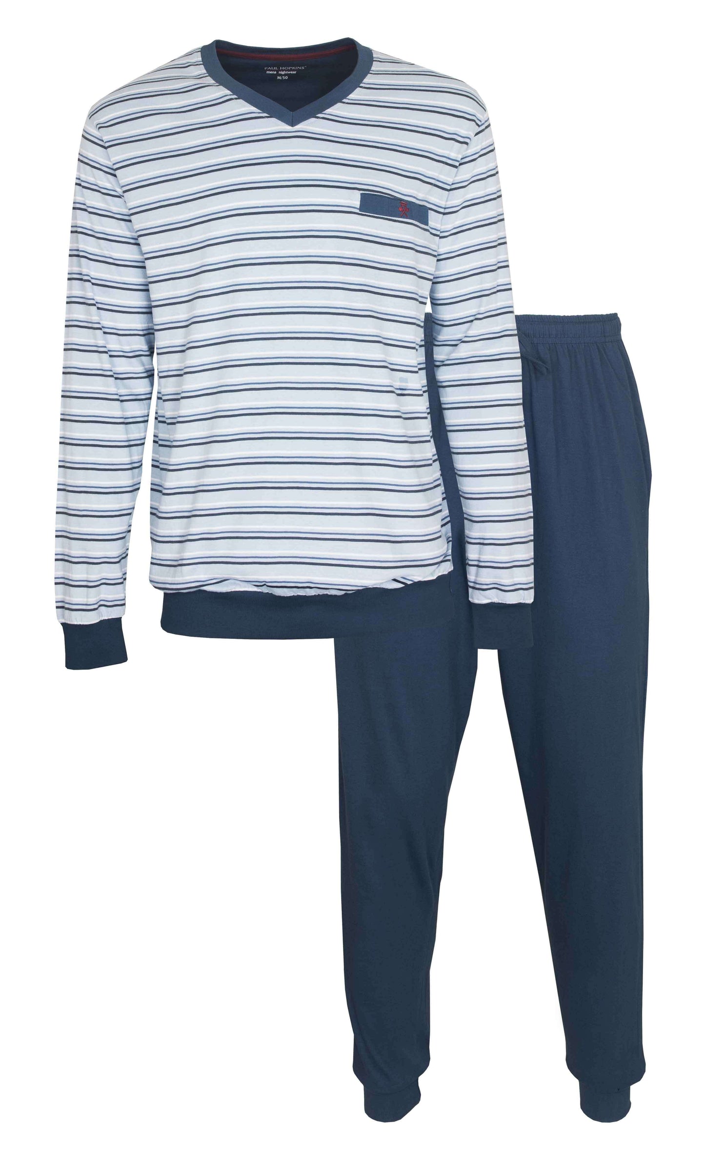 Blauwe heren pyjama met gestreept shirt en lange mouwen, V-hals, en effen broek met broek