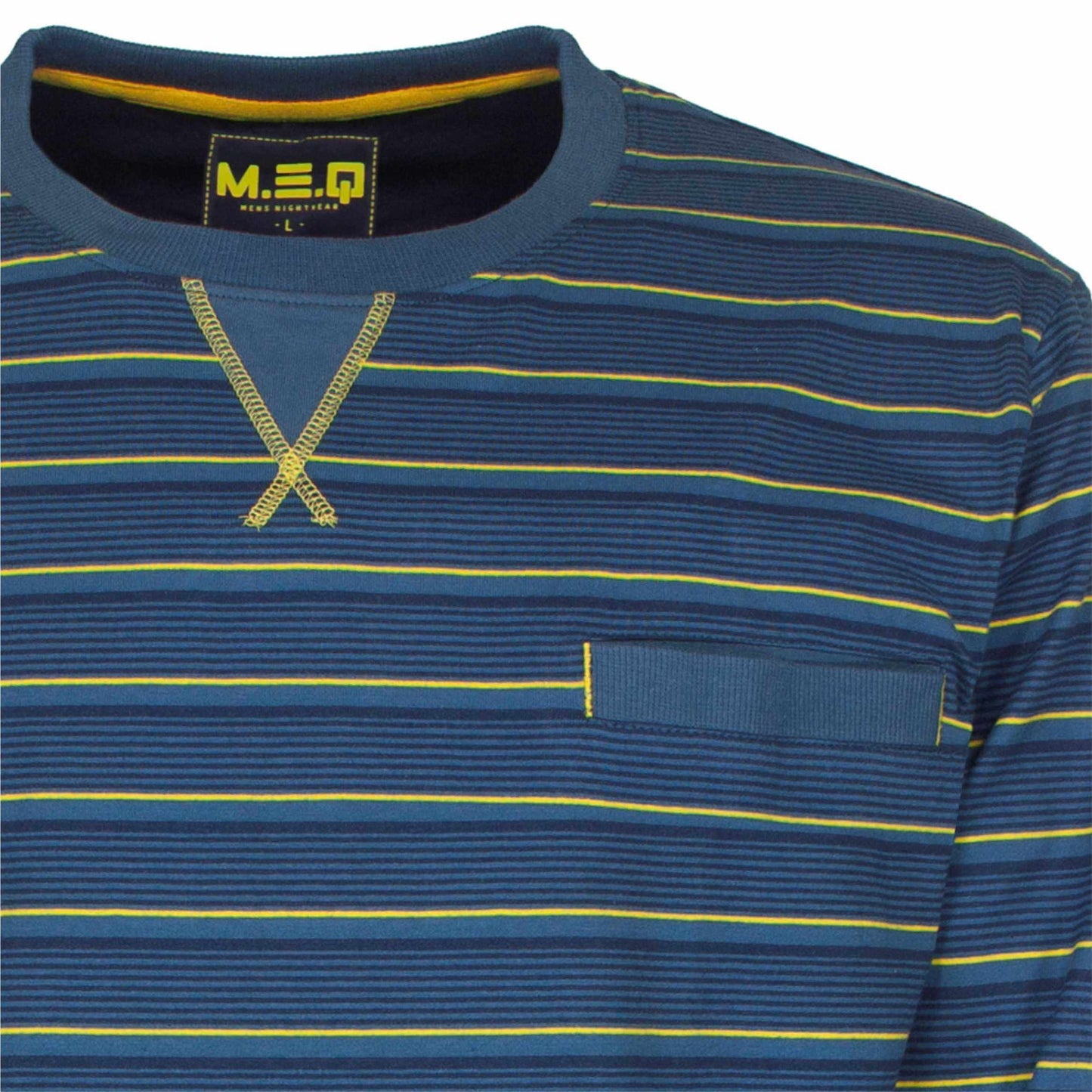 Blauw gestreepte pyjama met gele accenten, V-hals, borstzakje en 'M.E.Q' label aan de binnenkant