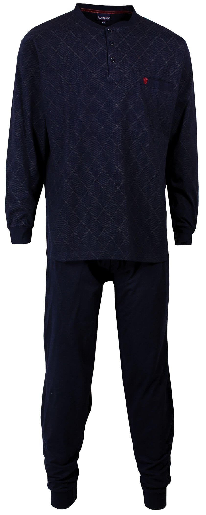 Blauwe heren pyjama met lange mouwen, polo sluiting, ingebreid dessin en geborduurd logo op de paspelzak.