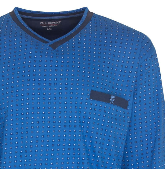Blauwe pyjama top met V-hals en klein patroon, merk Paul Hopkins, gemaakt van katoen met borstzakje