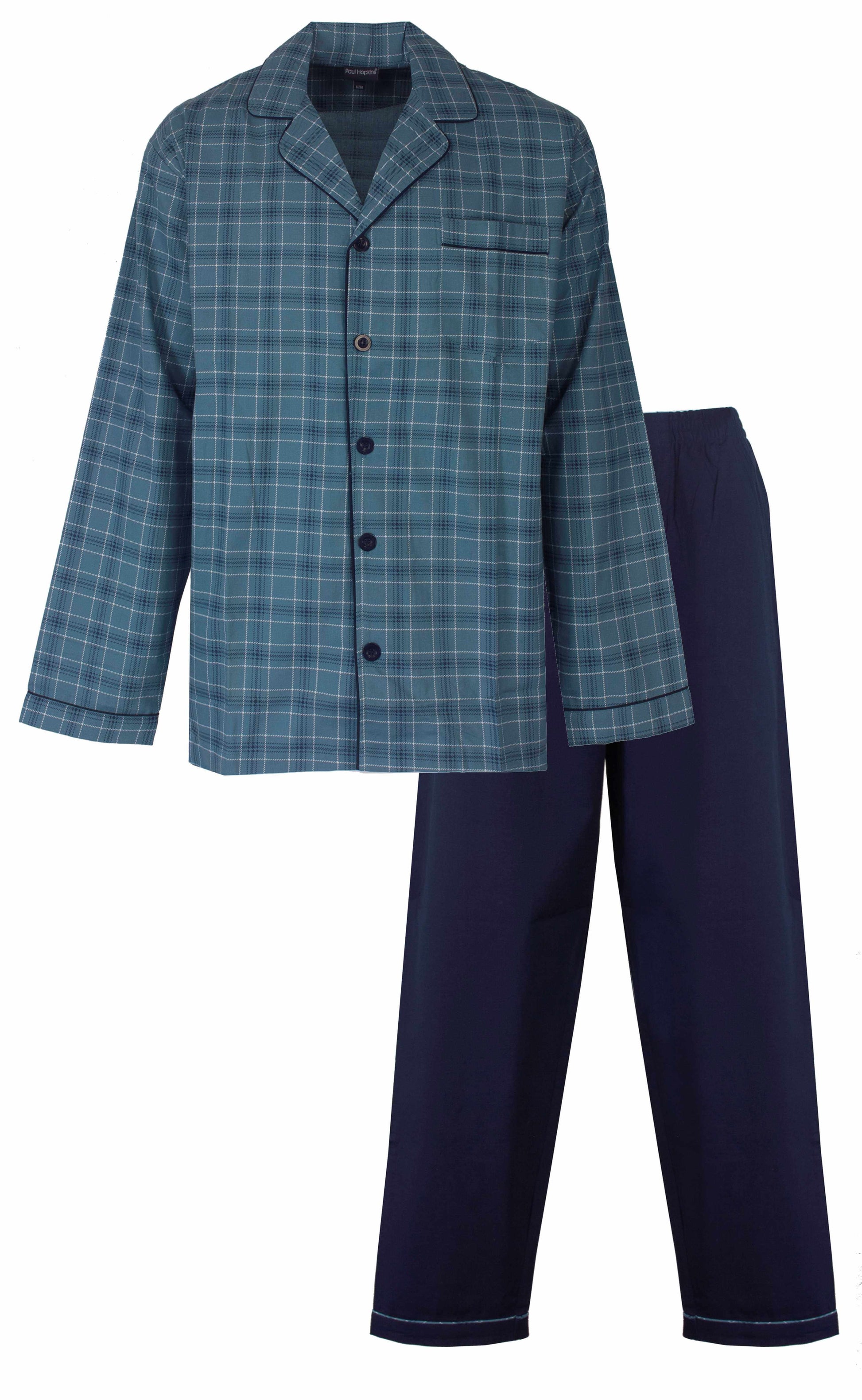 Kobaltblauwe geruite heren pyjama met doorknoop-shirt en lange donkerblauwe broek van Paul Hopkins