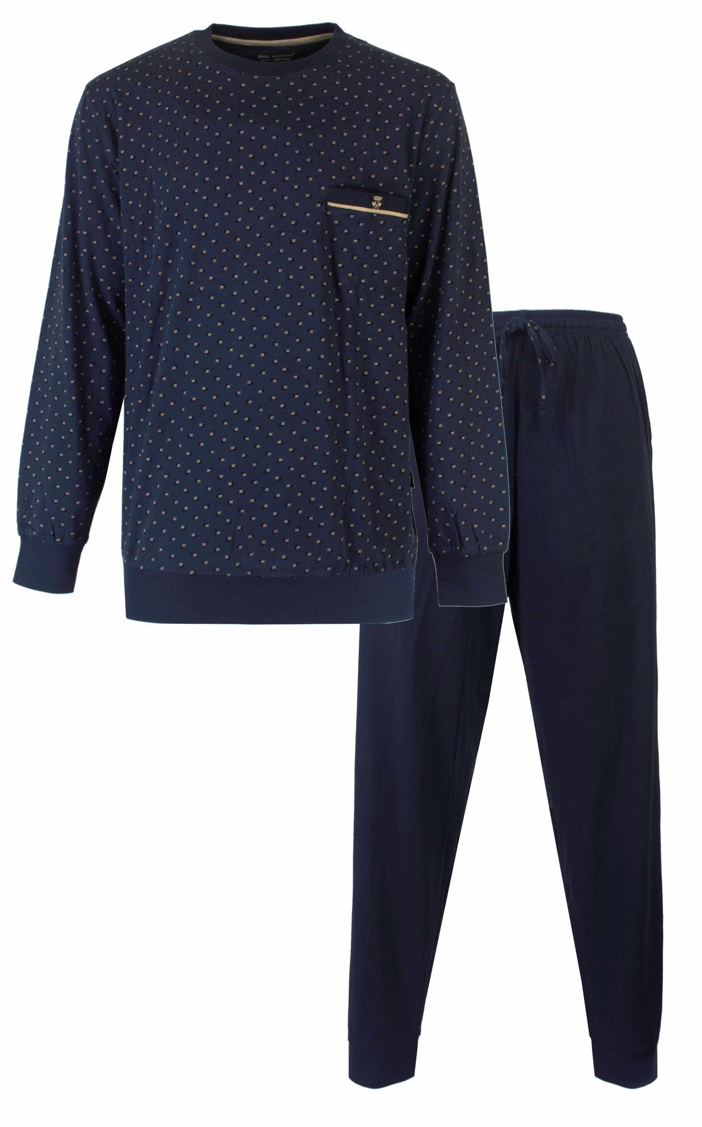Donkerblauwe heren pyjama set met gestippelde print op shirt en effen lange broek met trekkoord