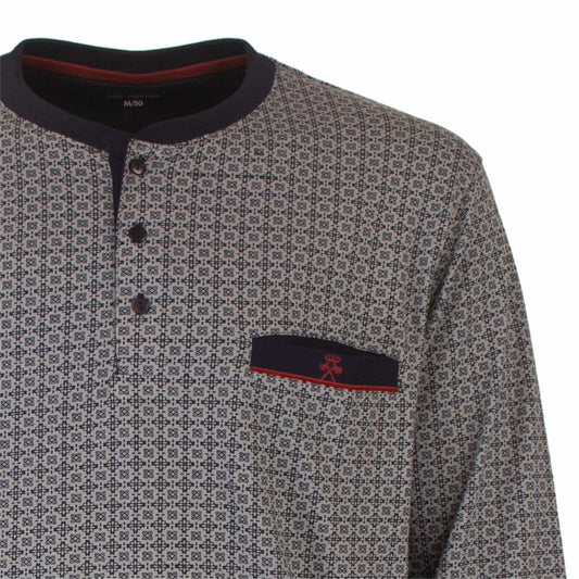 Donkerblauwe pyjama met fijn geometrisch patroon, knoopsluiting en contrasterende kraag en borstzak