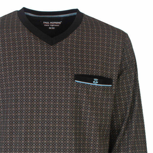 Donkergrijze heren pyjama top met geometrisch patroon, V-hals en borstzakje met logo