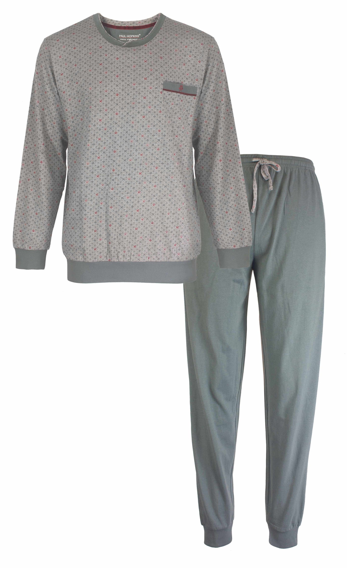 Grijze heren pyjama set met geprint dessin, lange mouwen en broek, gemaakt van 100% katoen