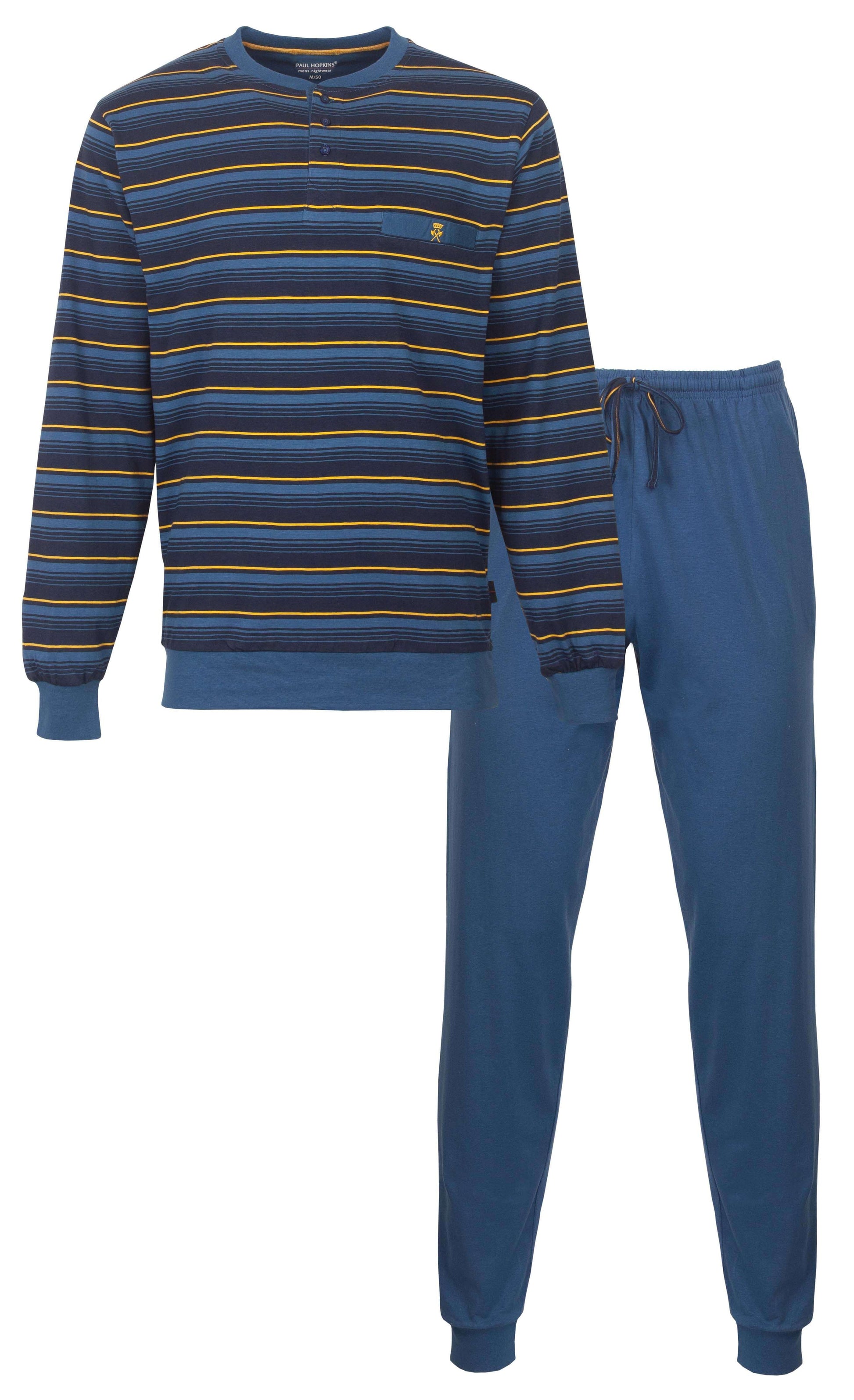 Blauwe gestreepte pyjama set met lange mouwen en broek, gemaakt van 100% katoen, met gele accenten