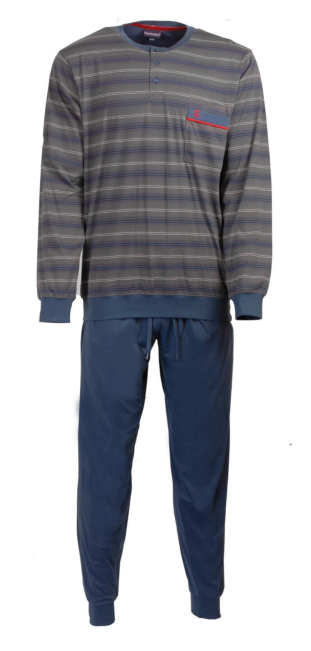 Gestreepte blauwe pyjama set met lange mouwen en broek. Top heeft polo sluiting en borstzakje met logo.