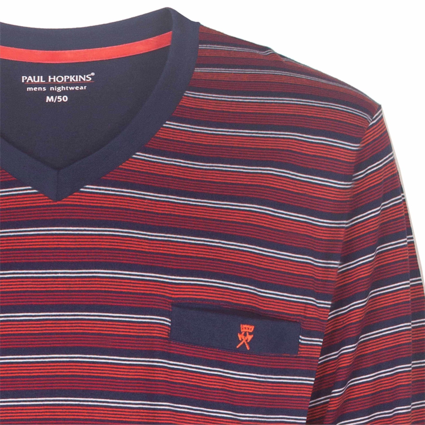 Gestreepte pyjama top in donkerblauw en rood, met V-hals en Paul Hopkins logo op de borst
