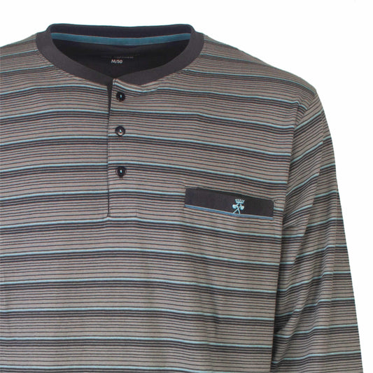 Gestreepte donkergrijze pyjama top met lichtblauwe strepen, knoopsluiting en borstzakje met logo