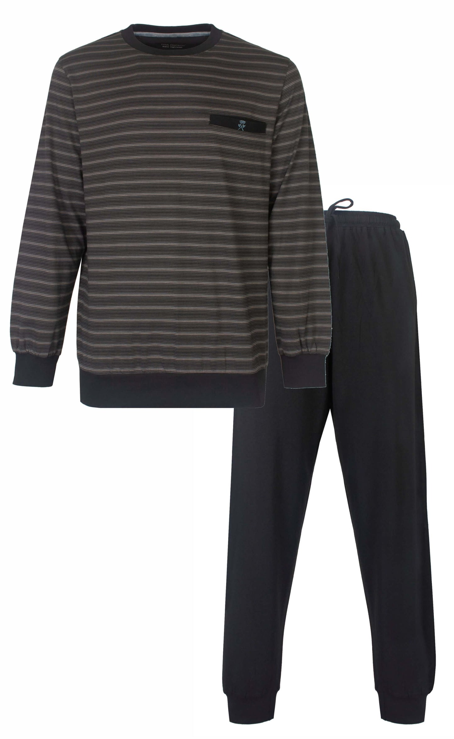 Grijze gestreepte heren pyjama met lange mouwen en bijpassende lange broek, ronde hals en borstzakje