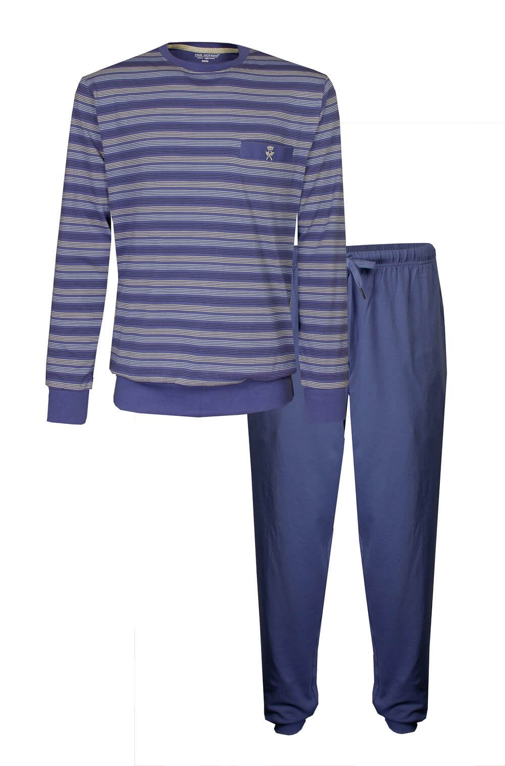 Gestreepte indigo blauwe pyjama set met lange mouwen en broek, zakje met geborduurd logo op de borst