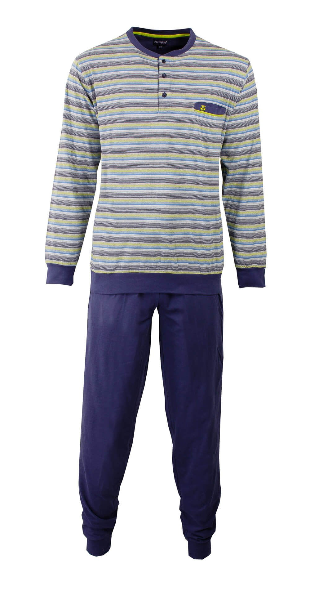 Gestreepte heren pyjama met lange mouwen en uni broek. Top met blauw, grijs en geel streeppatroon, broek in effen marineblauw.