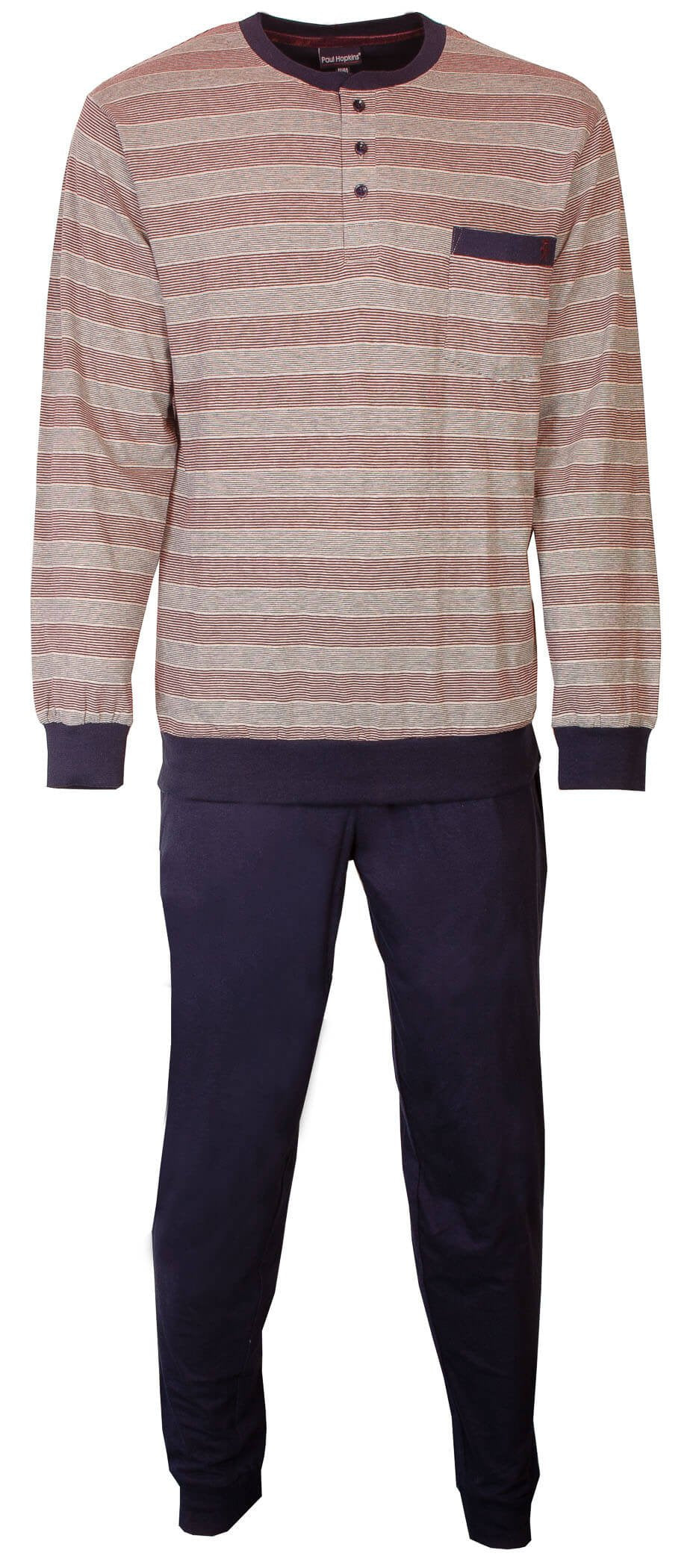 Gestreepte rood-grijze pyjama top met lange mouwen en ronde hals, donkerblauwe broek met elastische tailleband