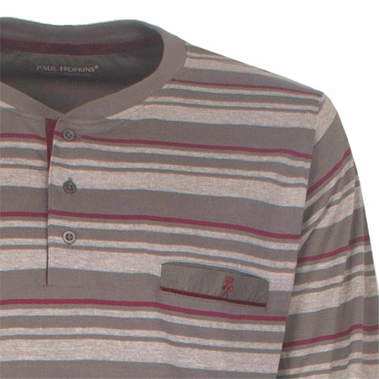 Grijze gestreepte pyjama top van Paul Hopkins met knopen en borstzakje, gemaakt van katoen