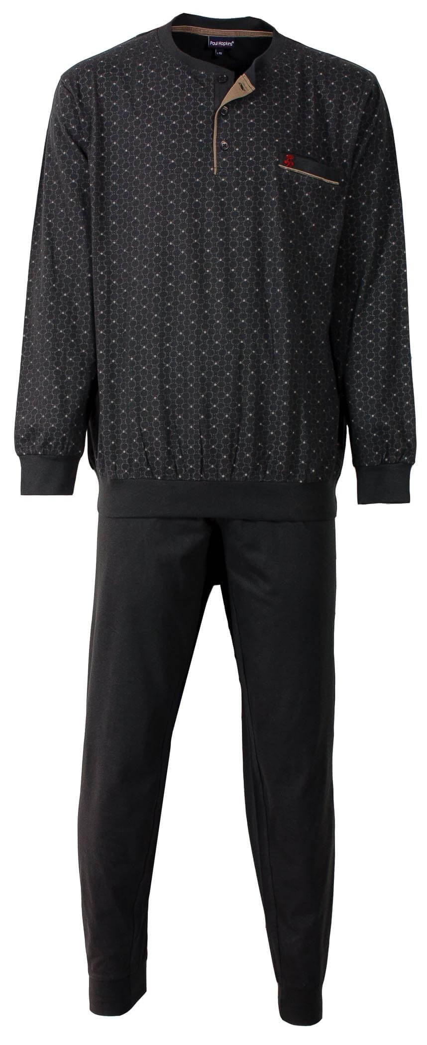 Grijze heren pyjama met geprint dessin op de top, ronde hals met polosluiting, lange mouwen met boorden en effen broek.