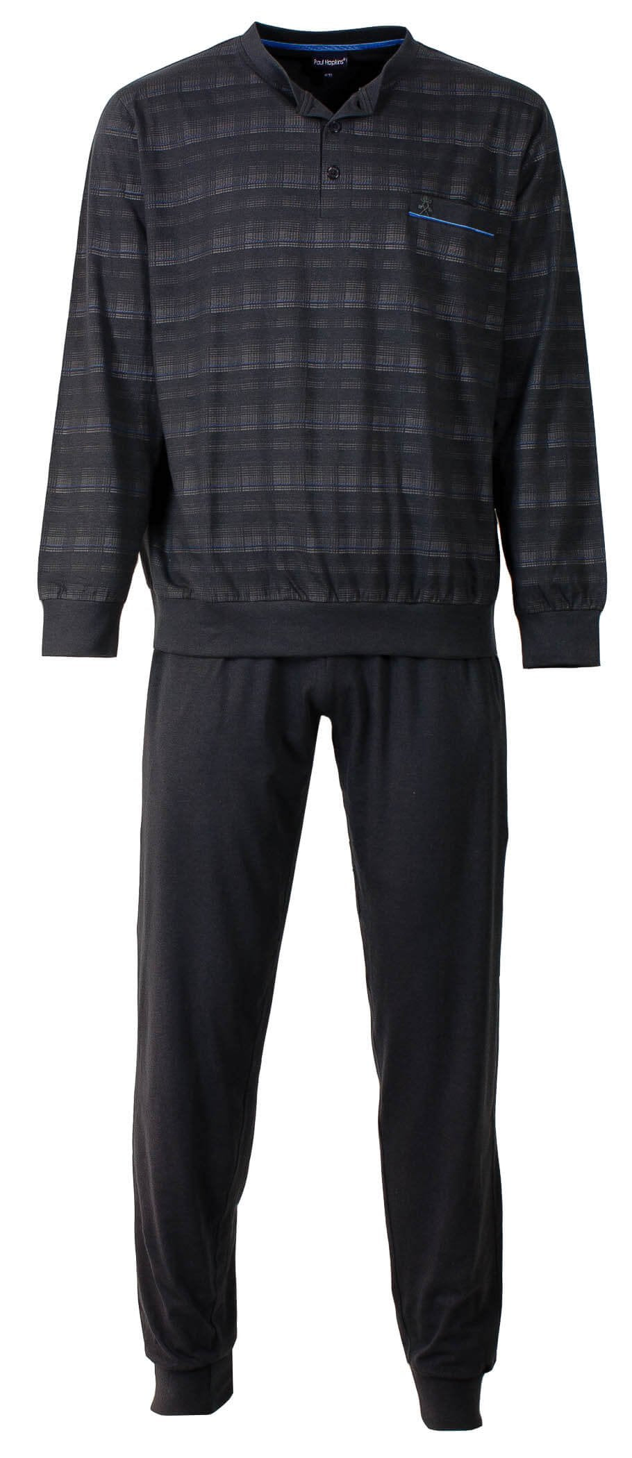 Grijze heren pyjama set met geprint dessin op de top, polo sluiting, lange mouwen en effen lange broek