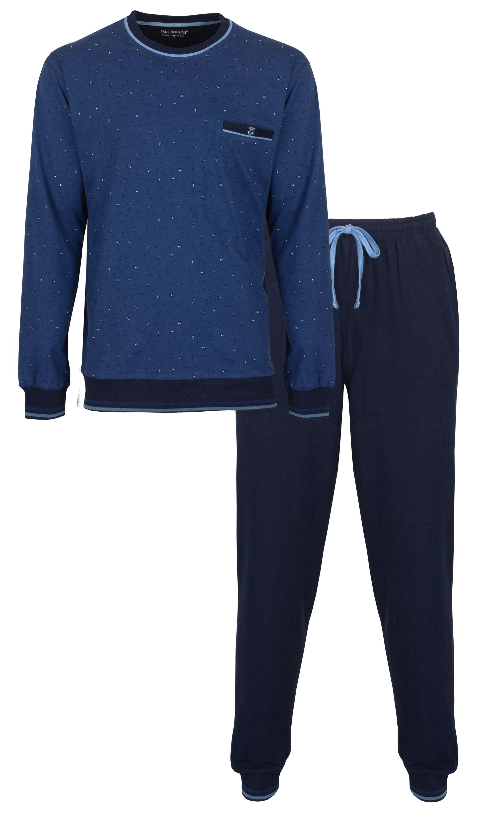 Blauwe heren pyjama set met gespikkelde lange mouwen top en effen broek, beide met lichtblauwe accenten
